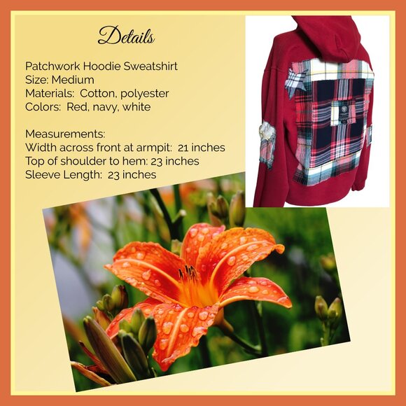 Upcycled Patchwork Hoodie, Size Medium: Red Plaid, Star Appliqués, Grunge Style - Picture 3 of 13